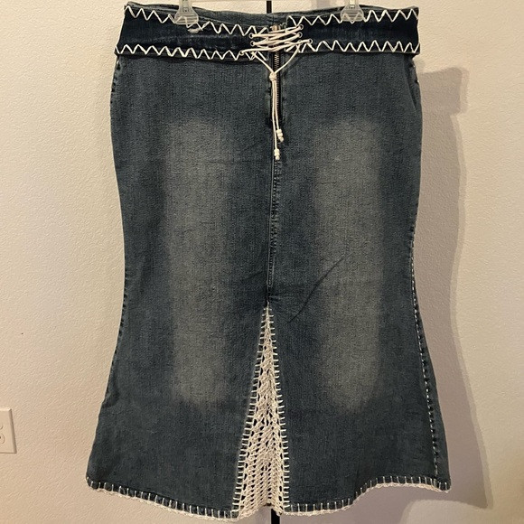 CREST Jeans | Crochet Long Denim Skirt with Belt