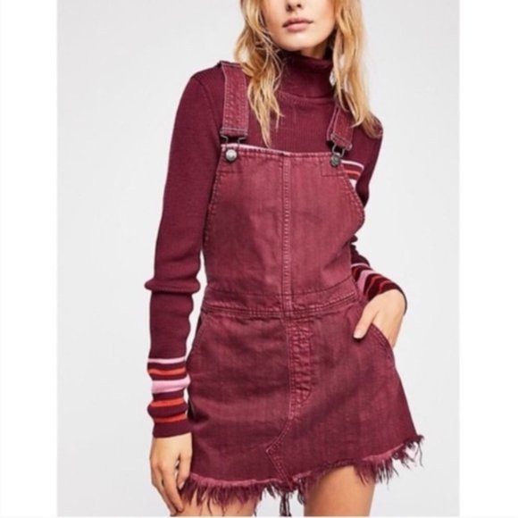 NWOT Free People Burgundy Denim Skirt Overalls