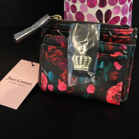 Juicy Couture | Black Floral Card Wallet with Zipper Coin Pocket